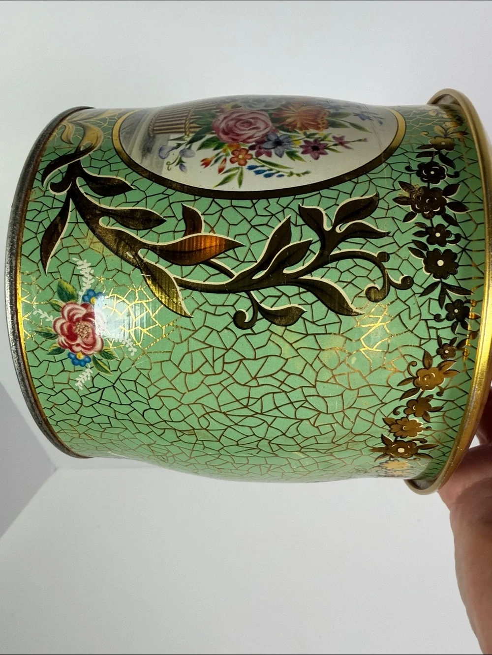 Vintage Biscuit Cookie Tea Tin England Floral Decorative Canister Gold Trim 6”